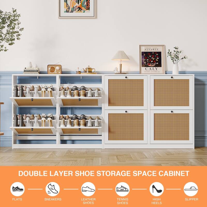 Anmytek 24 Pairs Large White Rattan Shoe Storage Cabinet with 4 Flip Drawers Narrow Shoe Storage Organizer for Entryway