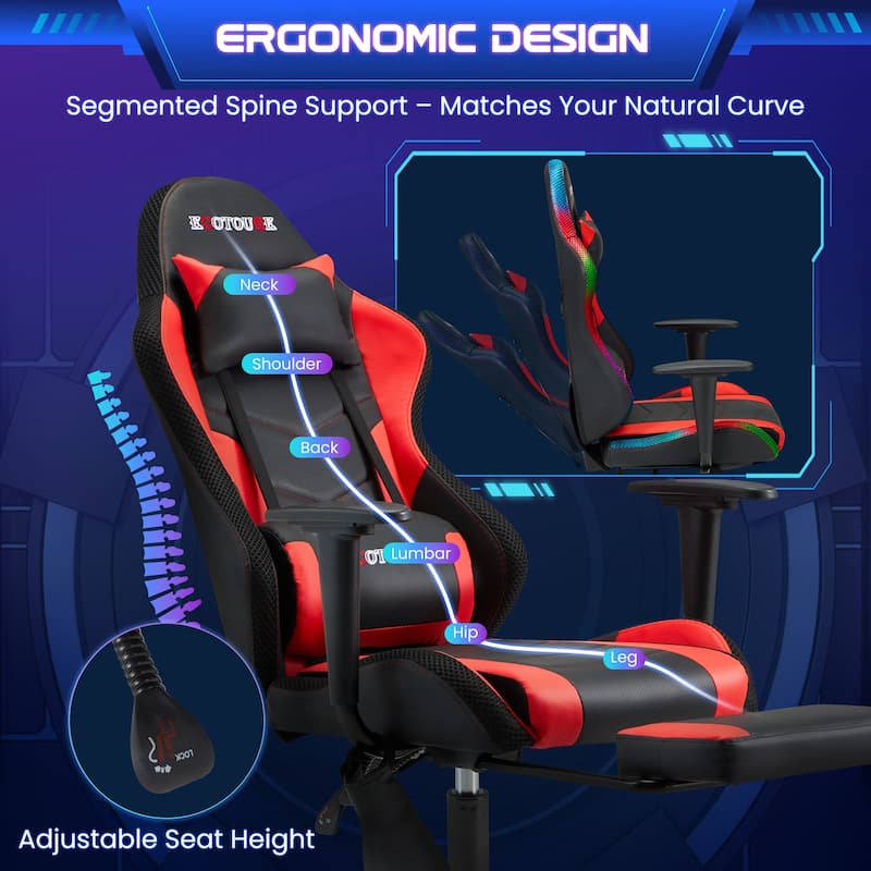 EROMMY RGB LED Gaming Chair with Massage Lumbar Support & Footrest, Ergonomic Reclining Computer Chair for Adults