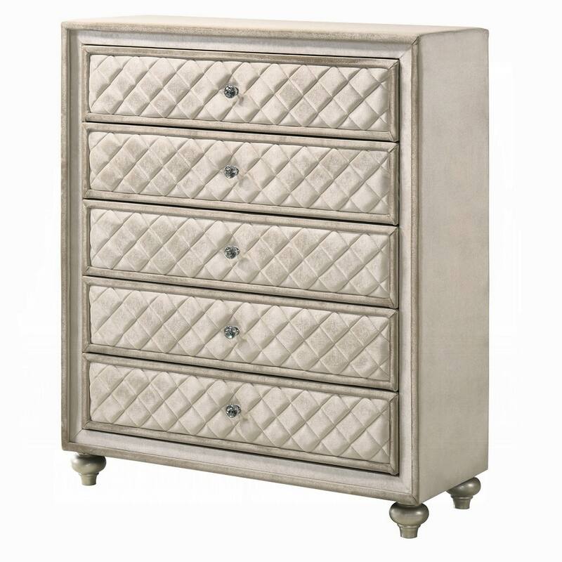 Willa Tall Dresser Chest, 5 Drawers, Faux Crystal, Tufted Beige Velvet