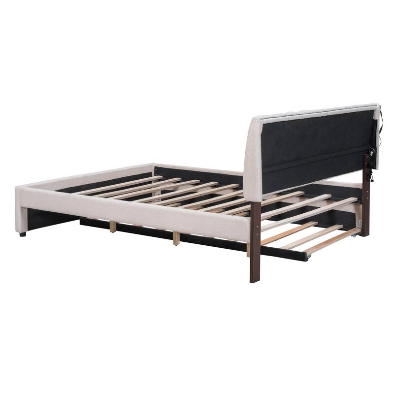 Queen Upholstered Platform Bed with Stripe Headboard, LED Lighting, and Twin XL Trundle