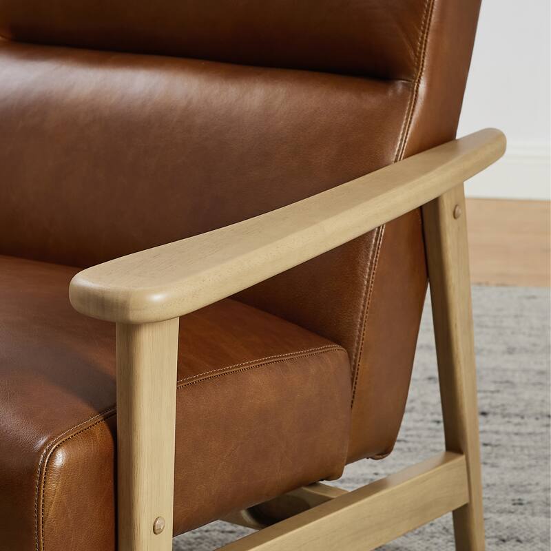 Modern Genuine Leather Accent Armchair with Natural Solid Wood Frame