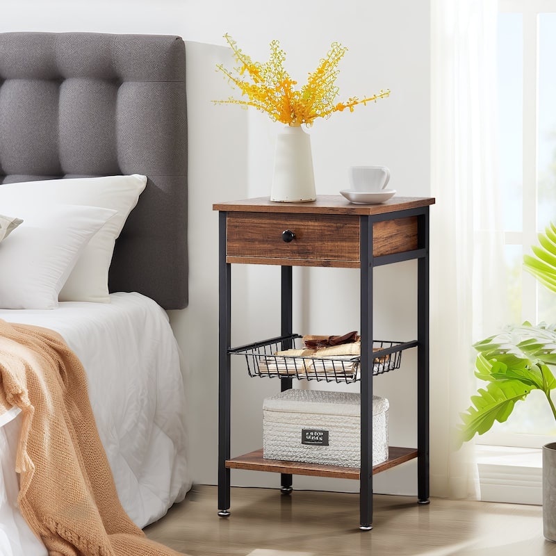 VELCEO 1-Drawer Mid-Century Tall Nightstands with Removable Basket and Low Shelf