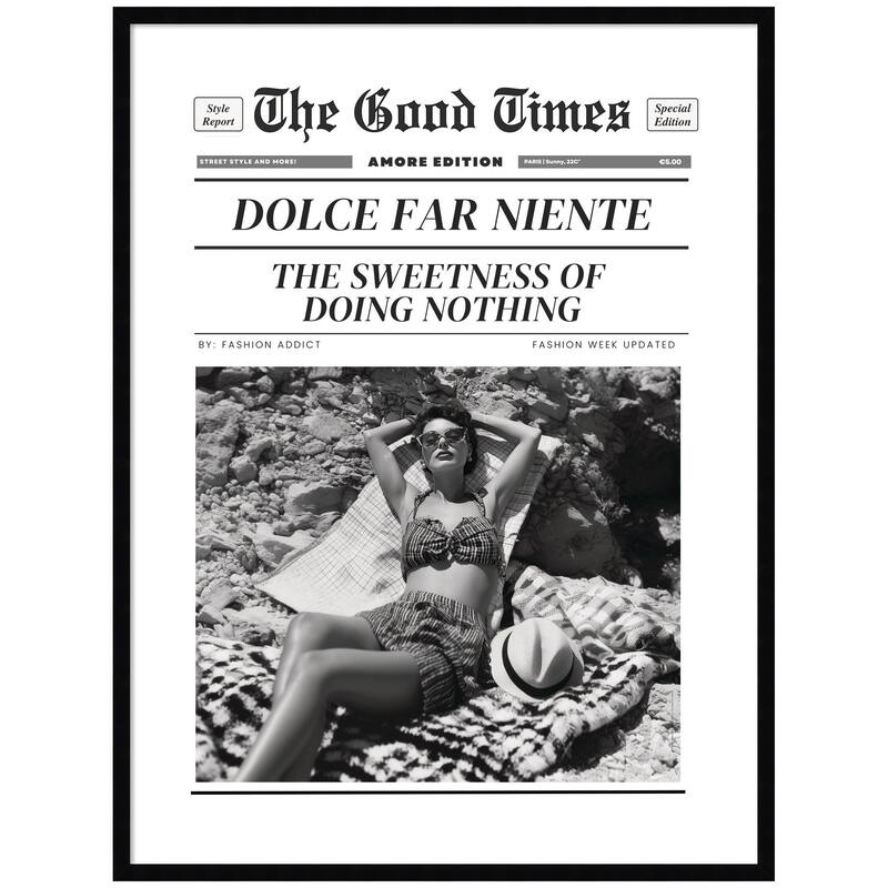Kate and Laurel The Good Times Newspaper Dolce Far Niente by Honey Island Studio Framed Wall Art Print - 31 x 41 - Black