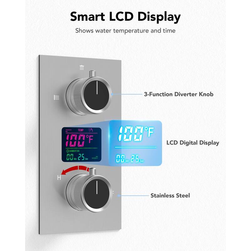 LCD Temperature Display 12" High-Pressure Shower System With Pressure Balancing Diverter Valve - 12-Inch