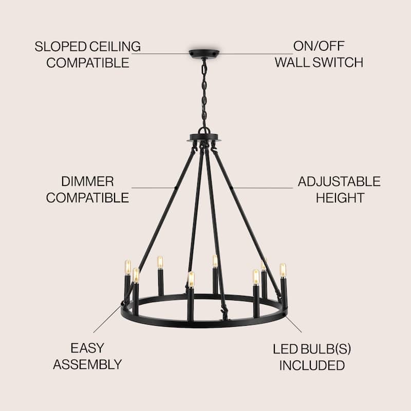 Gio Ring Iron Rustic Farmhouse LED Chandelier, by JONATHAN Y