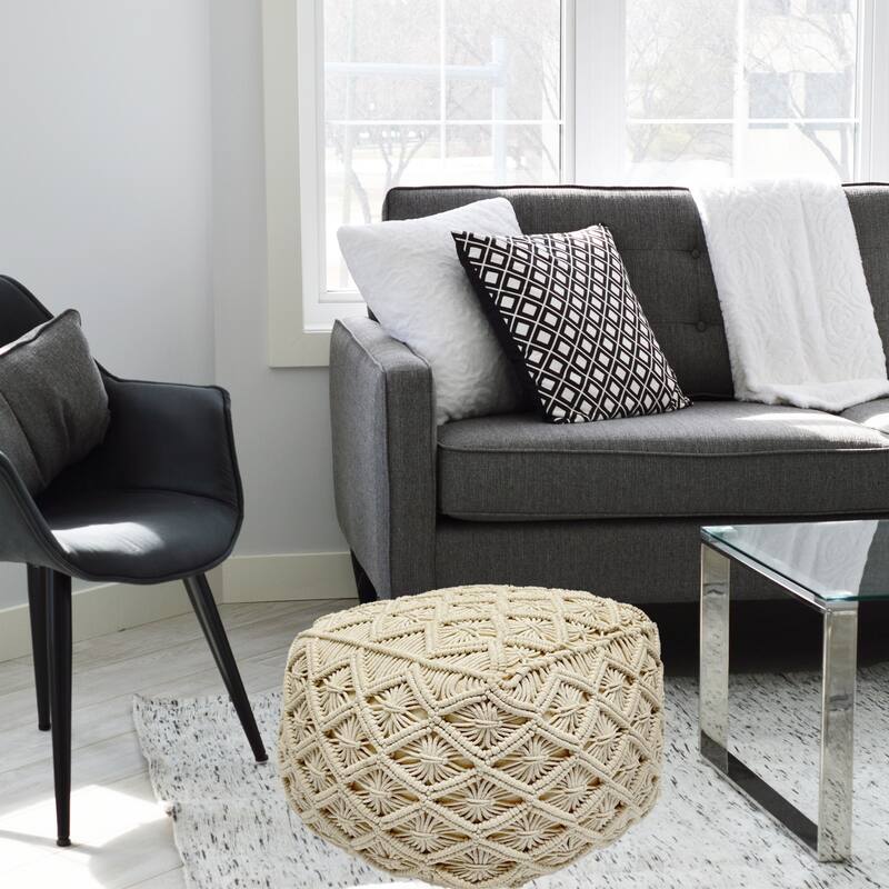 18" Beige Handmade Macramé Natural Cotton Square Pouf