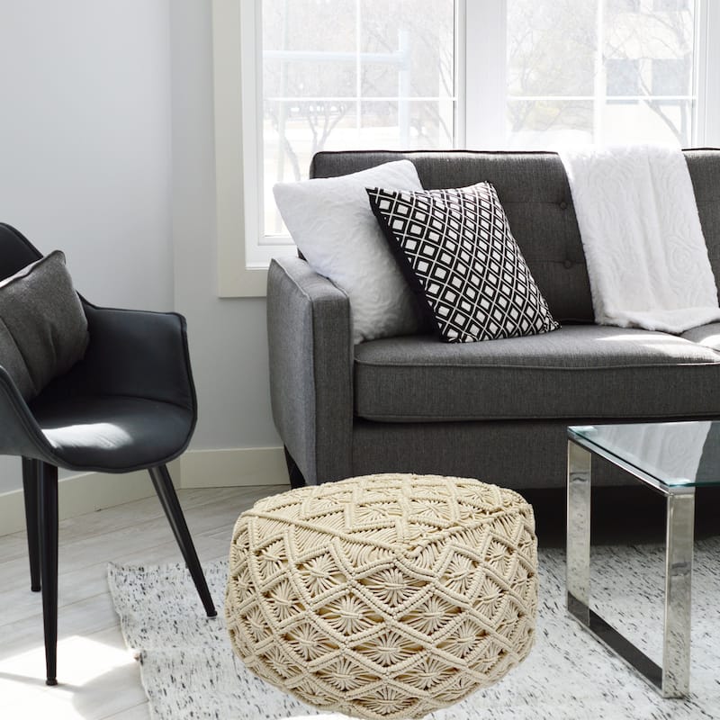 18" beige handmade macramé natural cotton square pouf ottoman