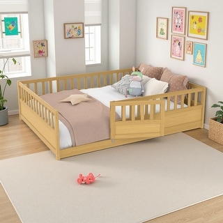 Wood Montessori Floor Bed with Super High Security Barrier, Door and Support Slats