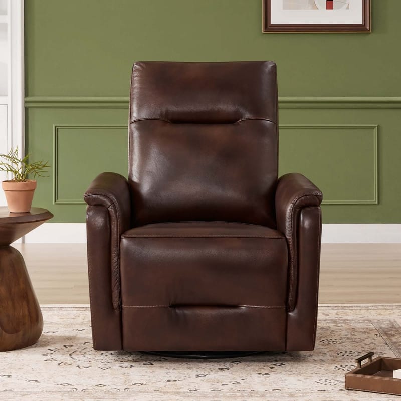 Spruce & Spring Genuine Leather Swivel Glider Recliner with Adjustable Headrest