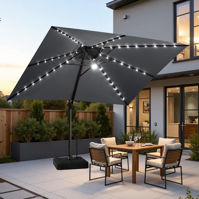 10 FT x 13 FT Outdoor Patio Aluminum Solar LED Lighted Cantilever Umbrella with Base Stand