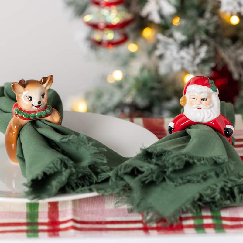 Transpac 8.25 in. Holiday Vintage Santa Reindeer Napkin Rings Set of 4