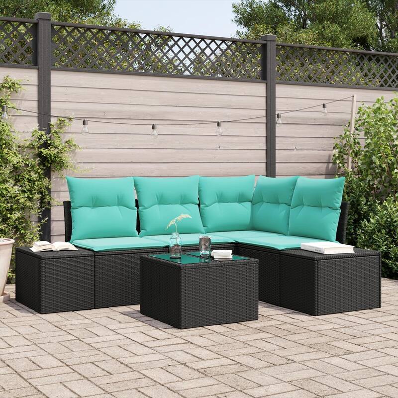 vidaXL 5 Garden Sofa Set with Cushions Black Poly Rattan - 82.3 x 60.6 x 27.2 - Black with table