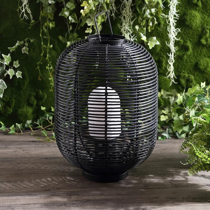 Bea 26.7" Outdoor Woven Oval Asian LED Lantern, Black by JONATHAN Y