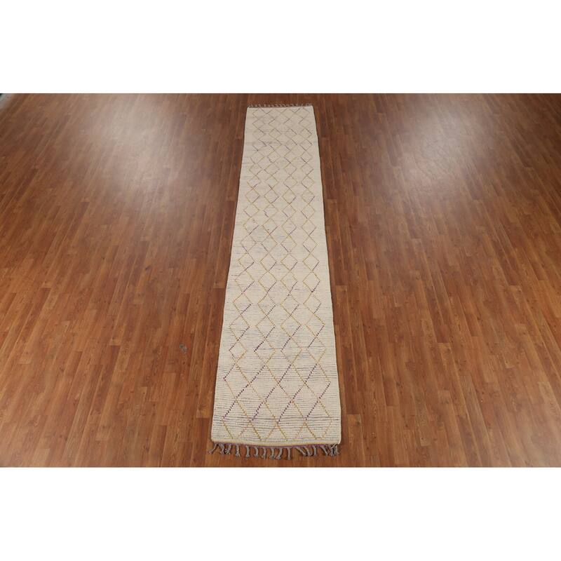 All-Over Trellis Moroccan Oriental Runner Rug Handmade Wool Carpet - 2'6"x 12'7"