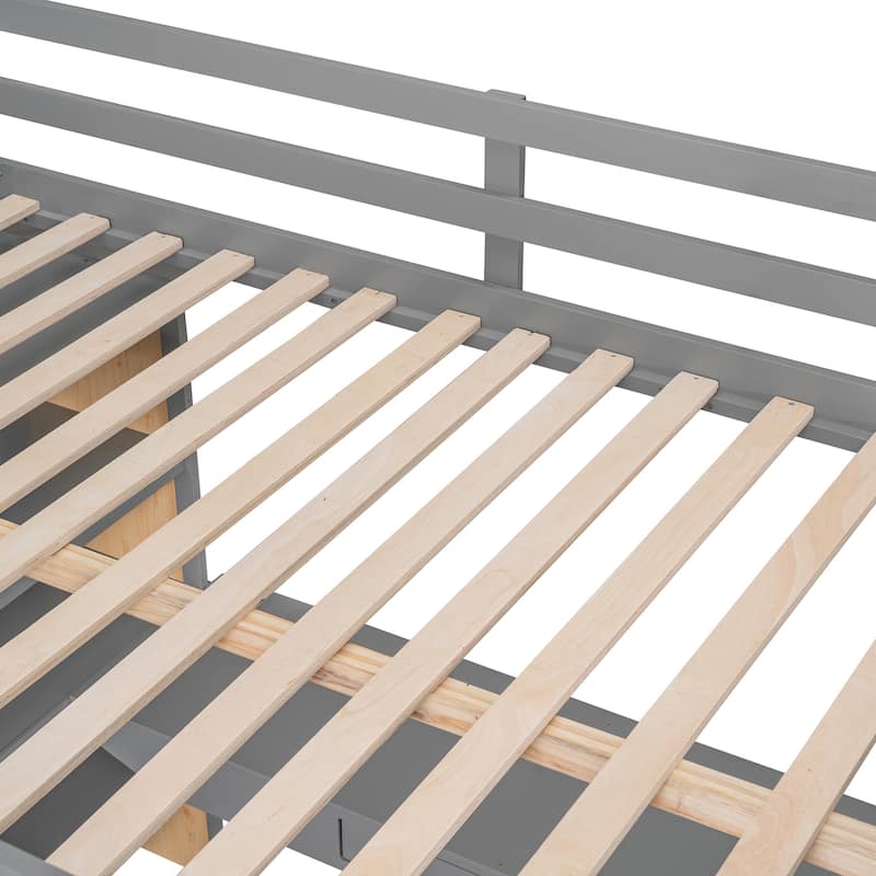 Wood Twin/Full Size Loft Bed with Built-in Desk and Shelves, Twin/Full Bedframe w/Full-Length Guardrails, for Kids Teens Adult