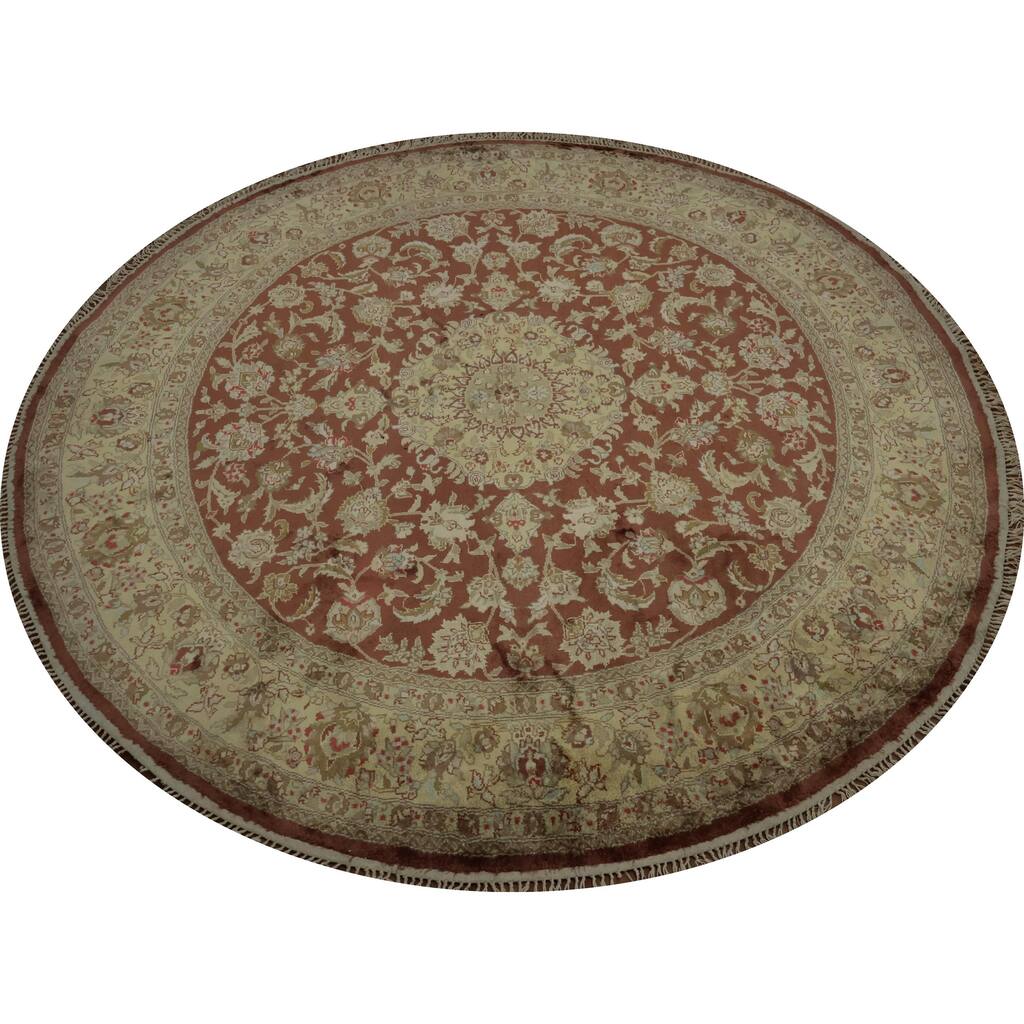 Hand Knotted Oriental Silk Carpet Traditional Floral Oranges & Rust Kashmir Area Rug - 6' 2'' X 6' 2''