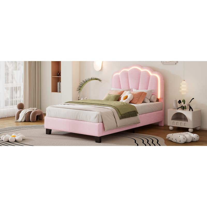 Twin Size Sherpa Fabric Upholstered Platform Bed with Elegant Flowers Headboard and Wooden Slats Support