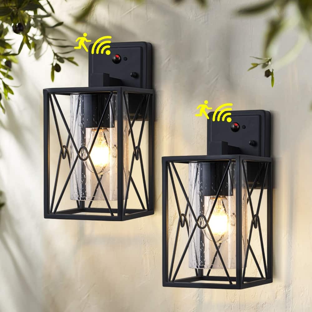 Motion Sensor Outdoor Wall Lanterns with Seeded Glass, Set of 2 - Black