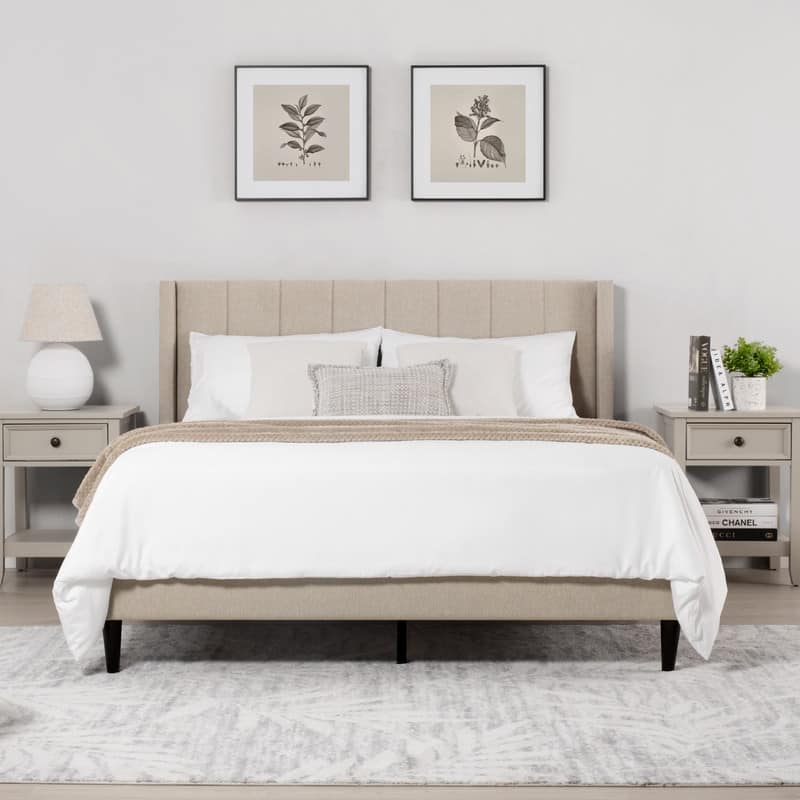 Eleanor Upholstered Platform Bed Frame with Vertical Stripe Headboard - Oatmeal-Channel Headboard - Full