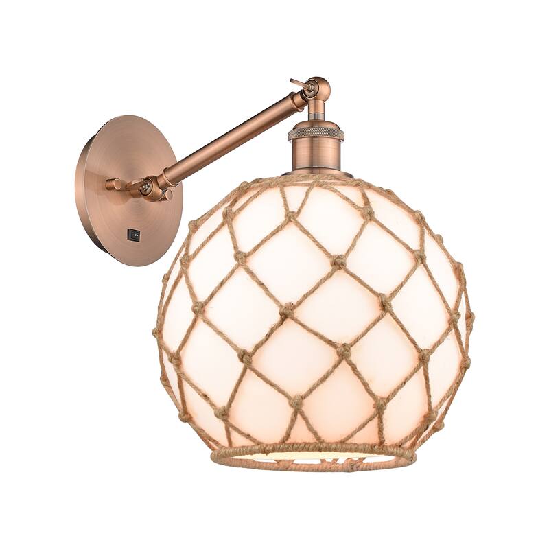 Innovations Lighting Endless Possibilities Ballston - Farmhouse Rope - 1 Light 10" Adjustable Sconce - Arm Adjusts Up and Down - White Glass with Brown Rope/Antique Copper