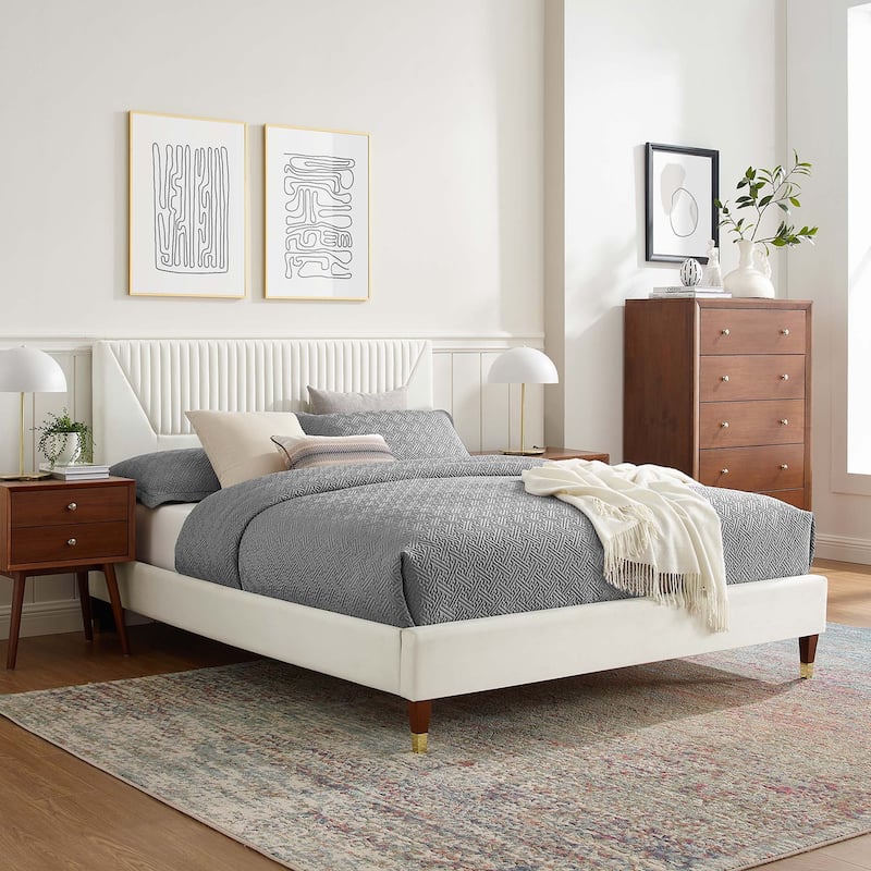 Yasmine Channel Tufted Performance Velvet Queen Platform Bed - White