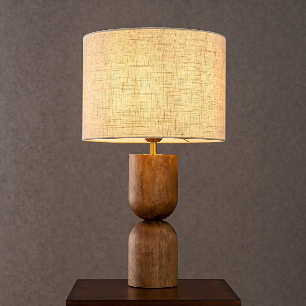 CraftHome Japandi Honey Brown Wood Modern Classic Nightstand Lamp with Beige Linen Fabric Shade for Bedroom, Living Room - W14''