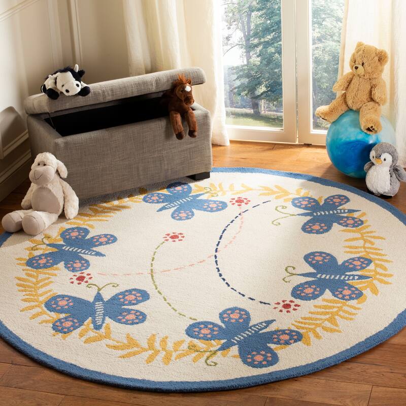 SAFAVIEH Handmade Kids Vinga Wool Rug - 4' Round - Ivory/Blue - Round