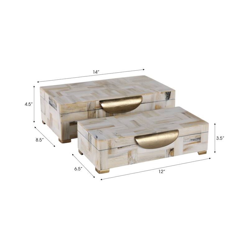 Resin Wood Decorative Boxes Handles Mosaic (Set of 2) - 5" & 4" Tan - 14" x 8.5" x 4.5"