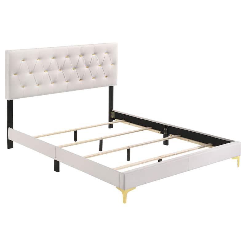 Dle 4 Piece Queen Bedroom Set, White Faux Leather, Modern Gold Accents