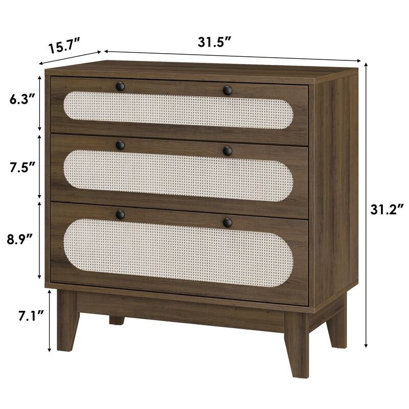Rattan Drawer Dresser, 3 Wood Drawers Storage Cabinet Dresser for Bedroom, Living Room,Hallway