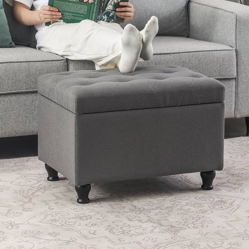 Adeco Linen Fabric Storage Ottoman for Living Room Bedroom