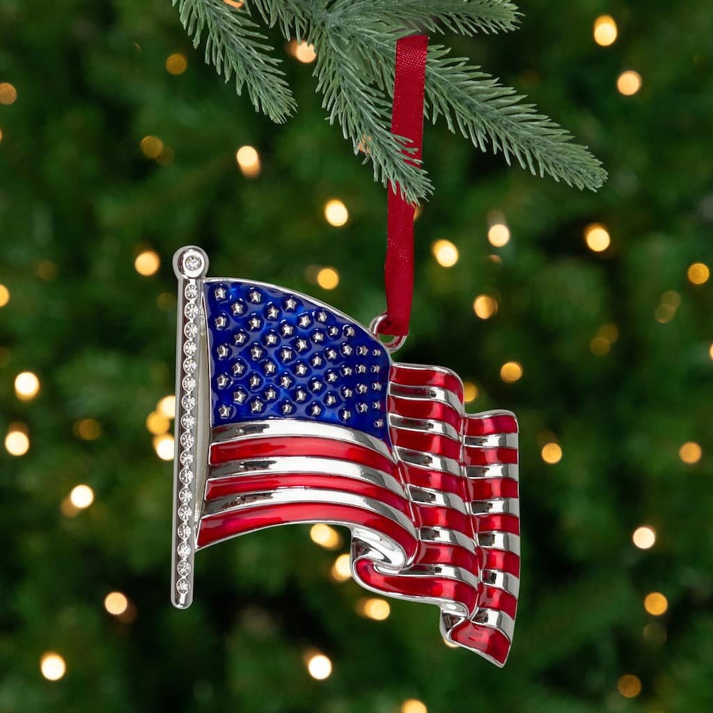 3.25" Silver Plated American Flag European Crystals Christmas Ornament