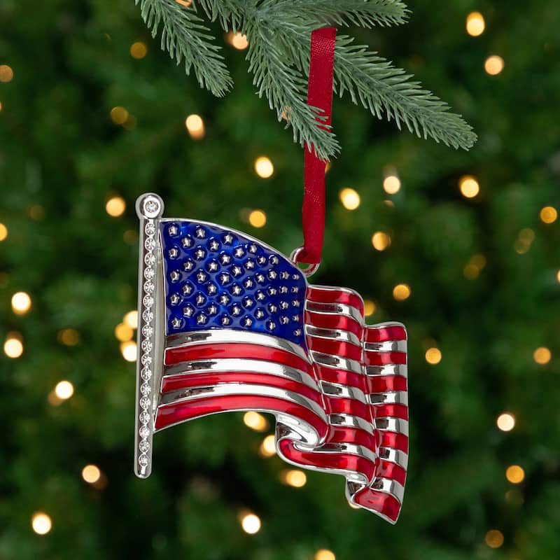 3.25" Silver Plated American Flag with European Crystals Christmas Ornament