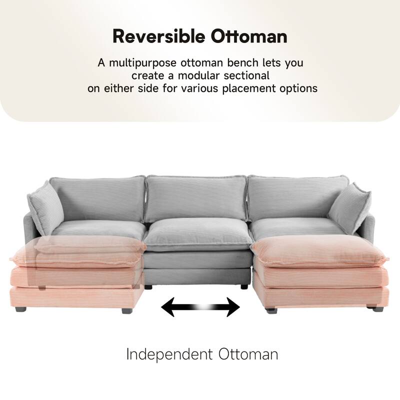 3-Seat Corduroy Modular Sofa with an Independent Removable Ottoman for Living Room or Business