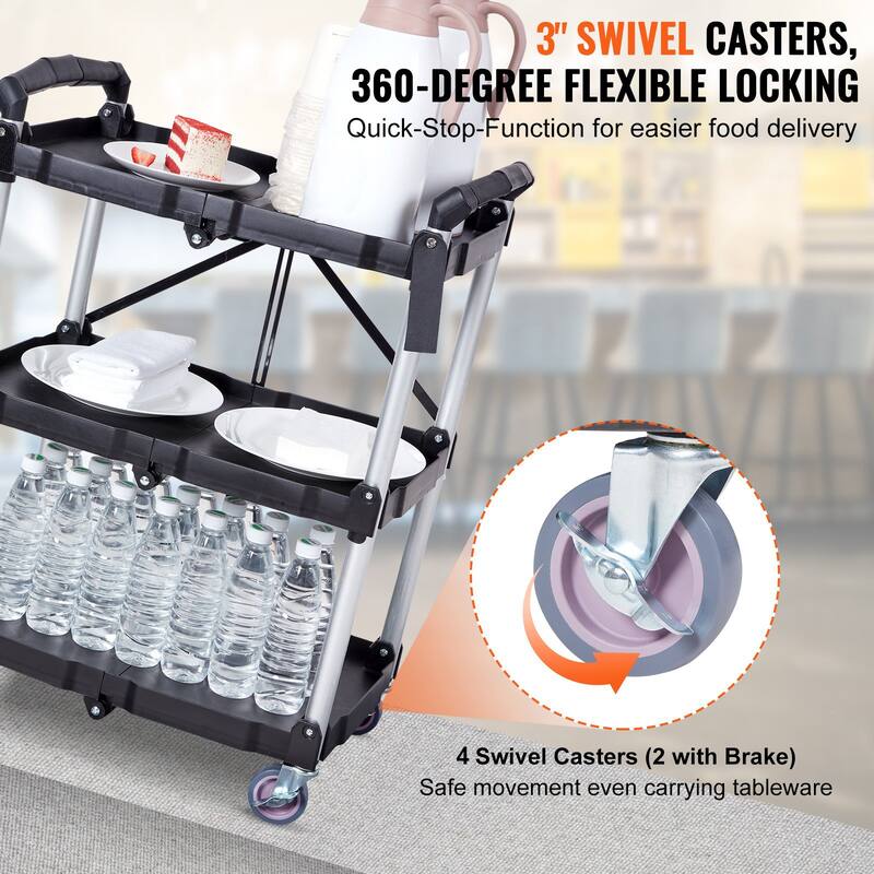 Black Polypropylene Foldable Utility Cart with 3 Shelves and Lockable Wheels - 25.62” L x15.43” W x32.76” H