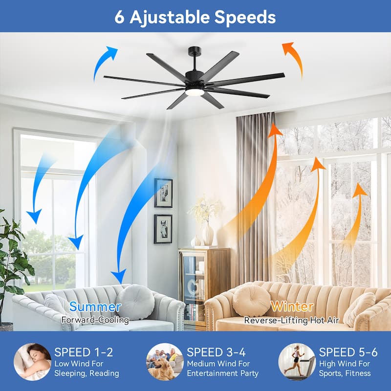 52"/66"/72"/76 Inch Modern Ceiling Fan with Dimmable LED Light ,Remote&APP Control,8 Blades for Large Living Room,Porch