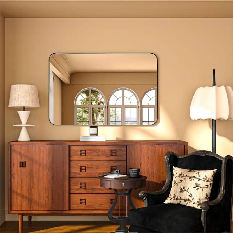 Organnice Rectangular Aluminum Framed Modern Rounded Wall Mount Mirror