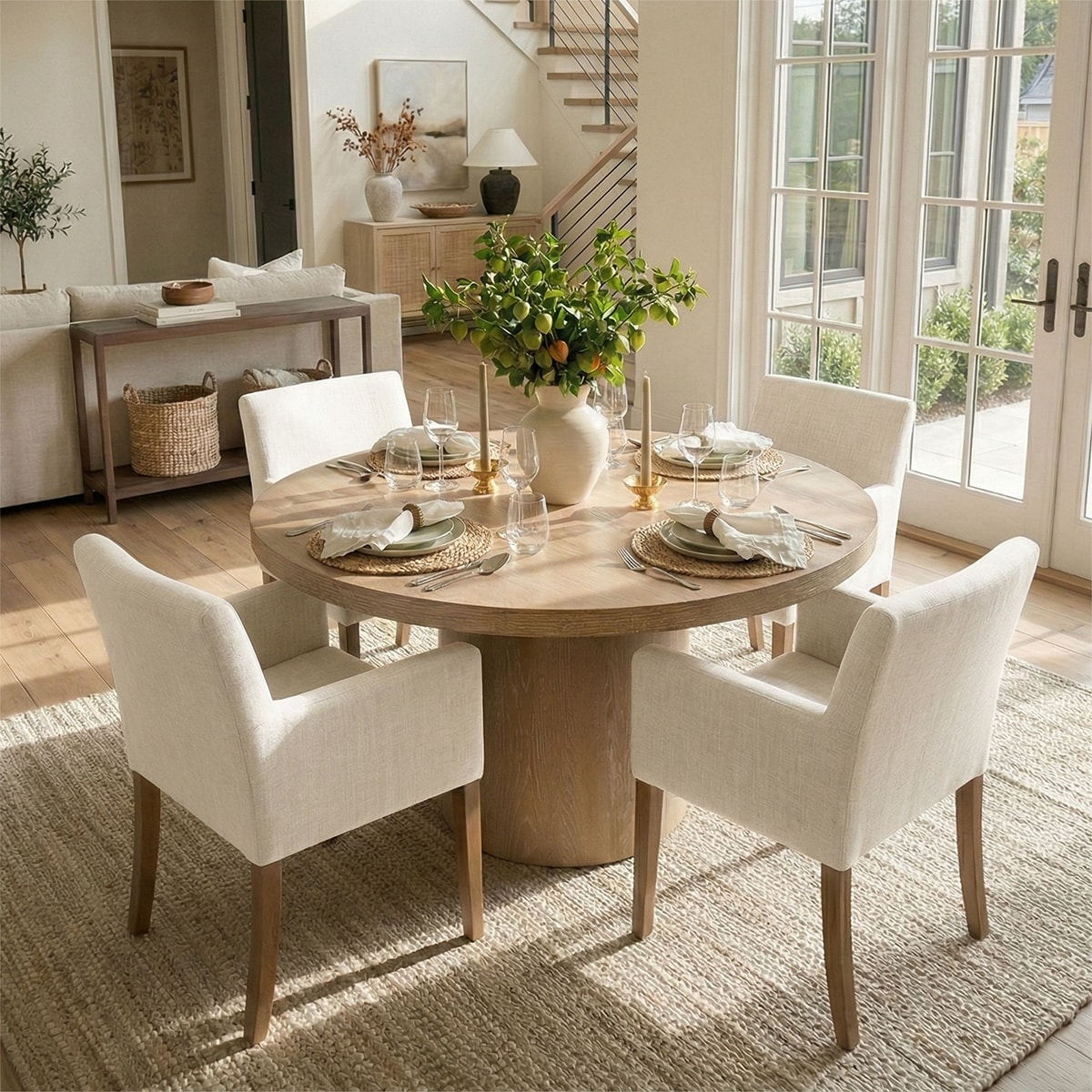 Modern 5-Piece Round Dining Set (Table with 4 Upholstered Armchairs)