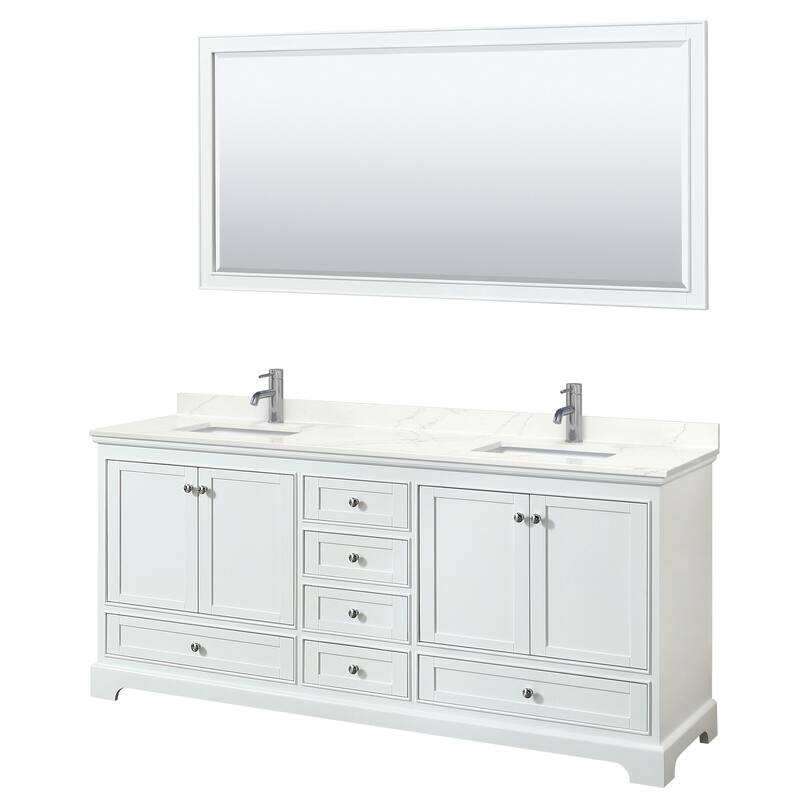 Deborah 80-inch Double Vanity, Quartz Top, 70-inch Mirror - White, Chrome Trim, Giotto Quartz Top