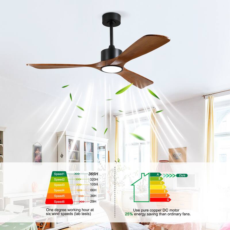 3 Rod Solid Wood Ceiling Fan With Light Kit Dimmable LED