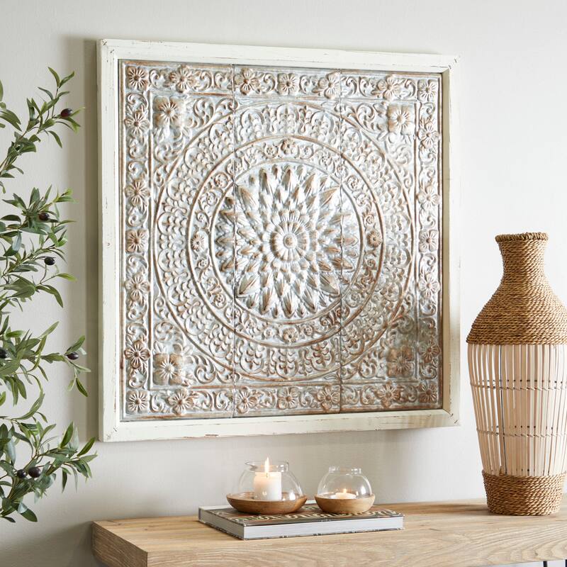 Brown Metal Embossed Mandala Scroll Floral Home Wall Decor with Gray Backing and White Wood Frame - Brown