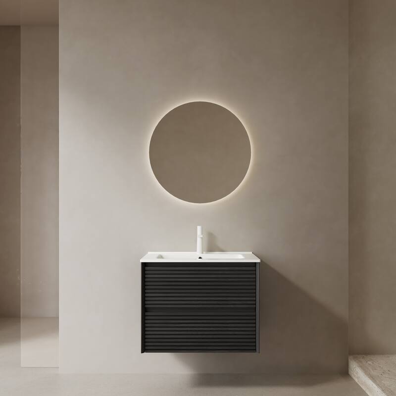 Minimalist Wall Floating Bathroom Vanity Horizontal Stripe Storage Cabinet with Integrated Sink and 2 Soft Close Drawers - Black - 24 Inch