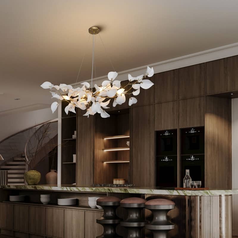 KAYLA 31.5" 6-Light Luxury Gold Round Chandelier, Modern Ceramic Leaf Branch