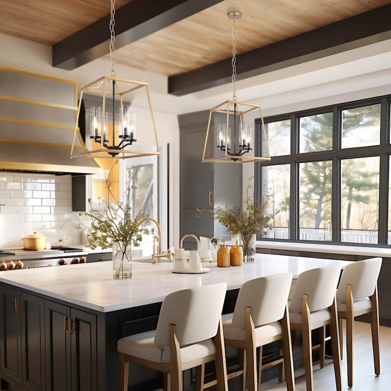 Modern 4-Light Gold Glass Chandelier Lantern Pendant Light for Dining Room - 14" L x 14" W x 19" H