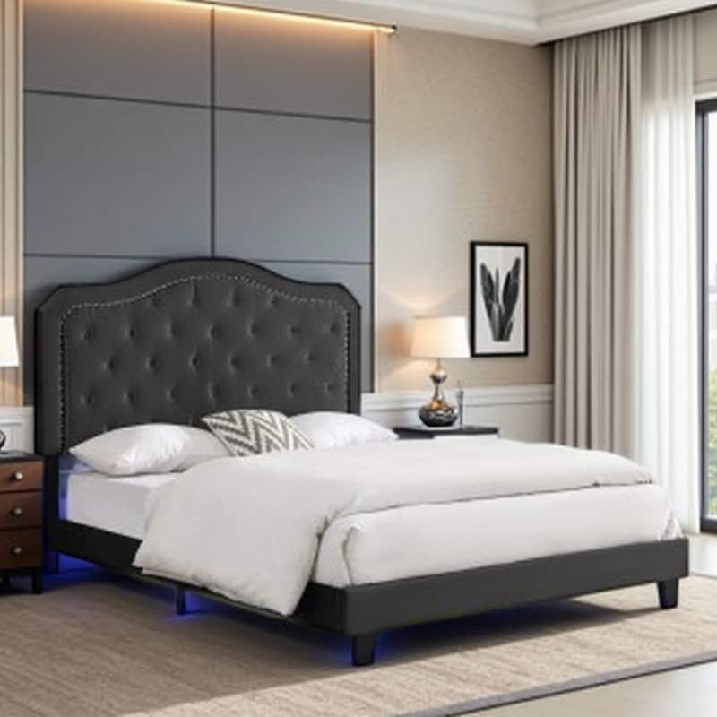 Queen Upholstered Platform Bed with Button-Tufted Curved Headboard, Black Velvet, LED Lighting & Wood Slat Support