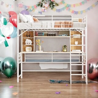 Full Size Loft Bed with Desk and Shelf, Loft Bed with Ladder,Loft Bed with Desk with 3 Storage Shelves,White