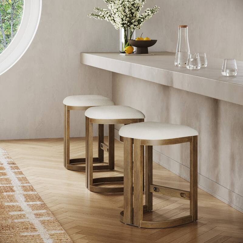 Veya Modern Barrel Bar Stool with Solid Wood Legs and Boucle Upholstery - Set of 3 - Backless