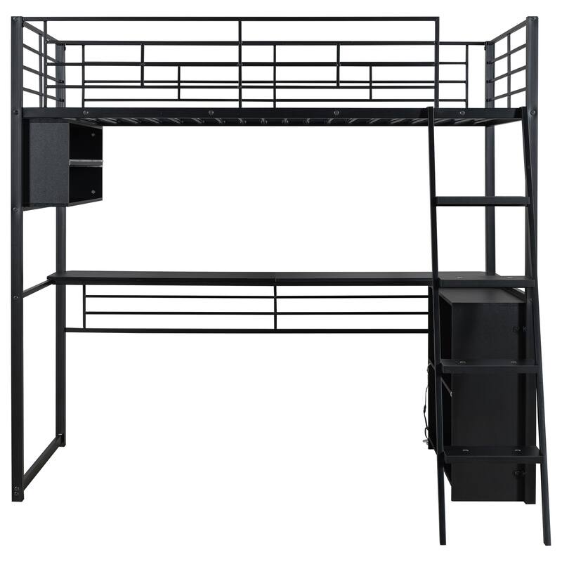Twin Size Metal Loft Bed with LED, Desk, and Storage Shelves