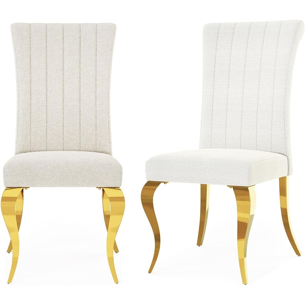 Polished Gold Dining Chairs with White Boucle Upholstery