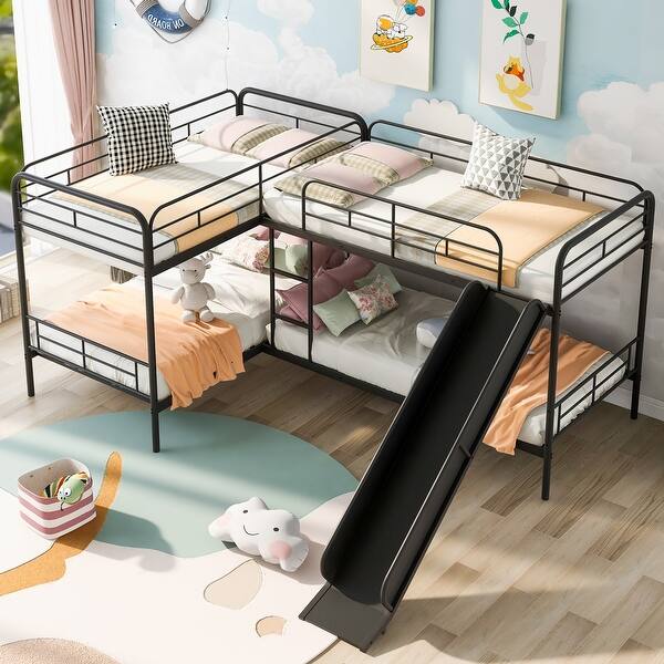 slide 2 of 11, Twin Size Metal L-Shaped Bunk Bed with Slide and Ladder Black